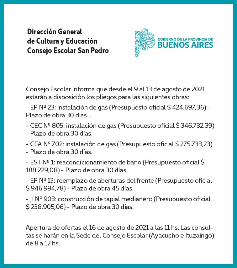 [Publicación Oficial] Informe Consejo Escolar: pliegos disponibles para obras en EP 23, CEC 805, CEA 702, EST 1, EP 13 y JI 903