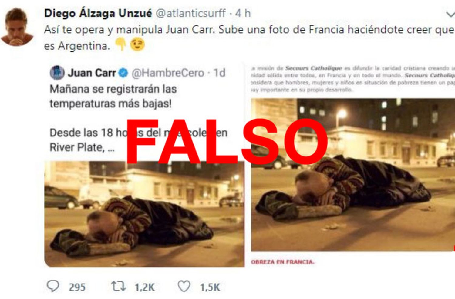 Es falso que Juan Carr mostró una foto de un indigente y afirmó que era en la Argentina