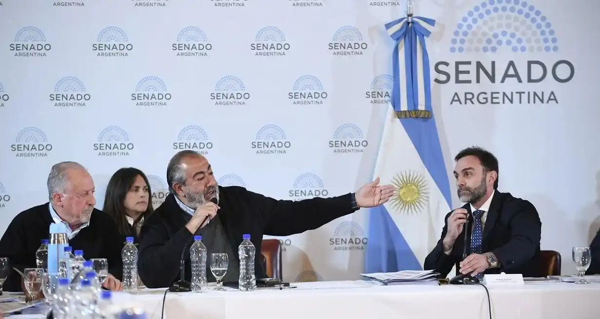 Los dirigentes sindicales Héctor Daer y Hugo Yasky protagonizaron un fuerte intercambio con los legisladores de La Libertad Avanza en el debate de comisiones del Senado. Foto: NA / Daniel Vides.