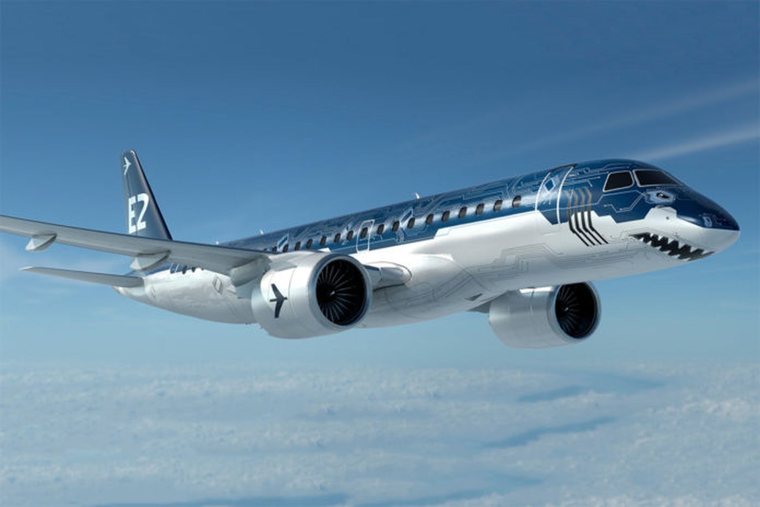 Embraer presenta la nueva pintura ‘robot shark’ para sus E190-E2