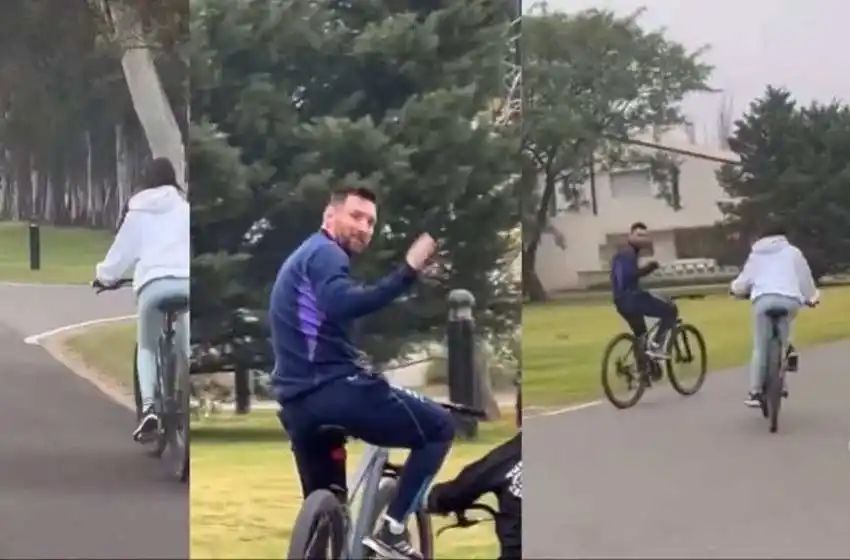 Video: Messi, vestido de la Selección, paseó en bicicleta con su familia en Funes