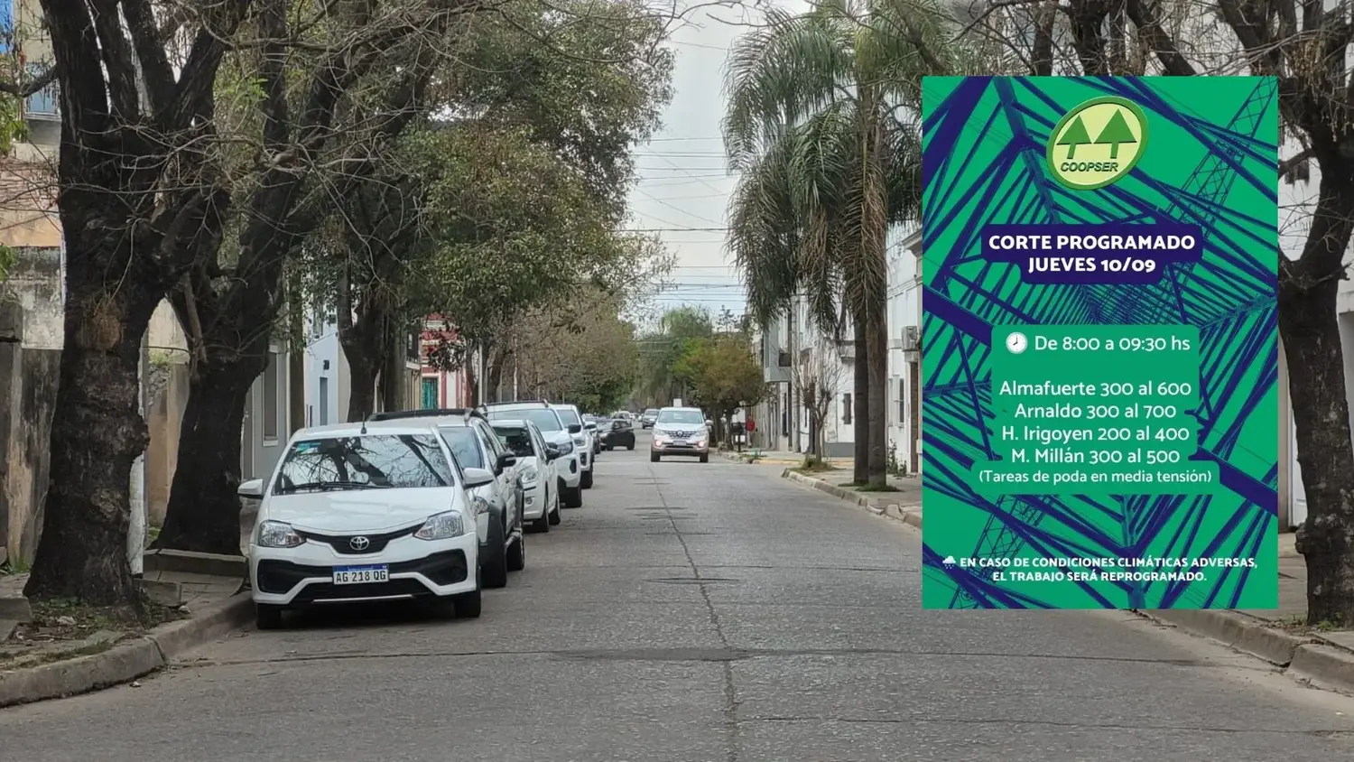 Dentro de los cortes programados para este jueves la CoopSer prevé realizarlo en calle Hipólito Yrigoyen, entre la numeración 200 y 400.