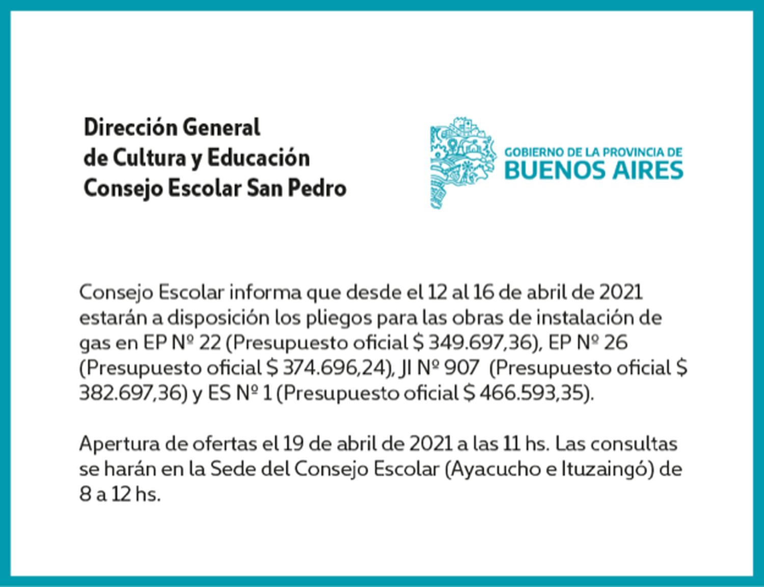 [Publicación Oficial] Informe Consejo Escolar: pliegos para las obras de instalación de gas en instituciones