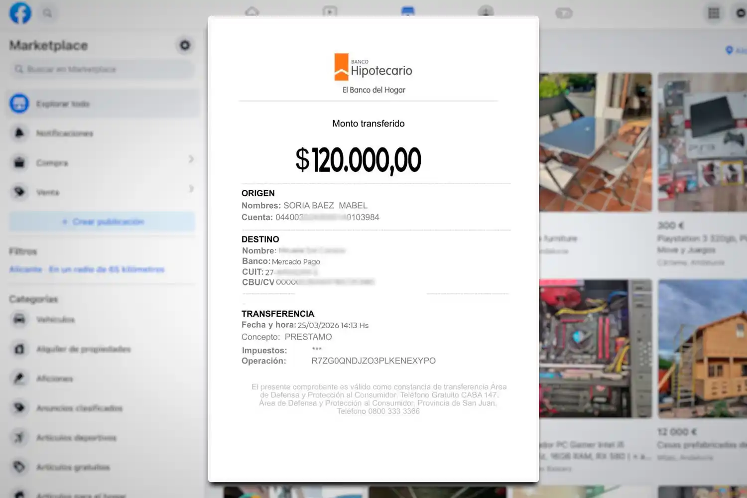 Atentos: así intentaron estafar a una rafaelina en Marketplace con un comprobante de transferencia falso
