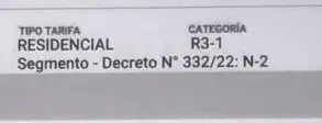 Junto al Número de Decreto figura la categoría del usuario del servicio. Factura Camuzzi.
