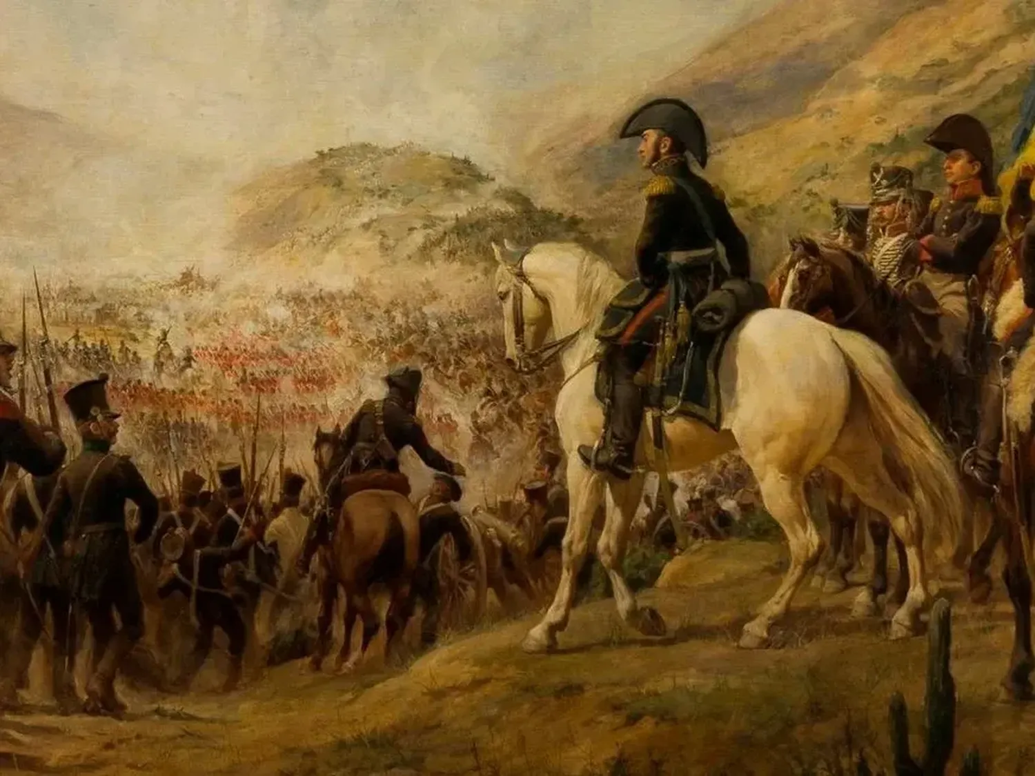 Pedro Subercaseaux pintó a San Martín observando a su ejército en la batalla de Chacabuco. Aquí, un fragmento. Foto: Museo Histórico Nacional