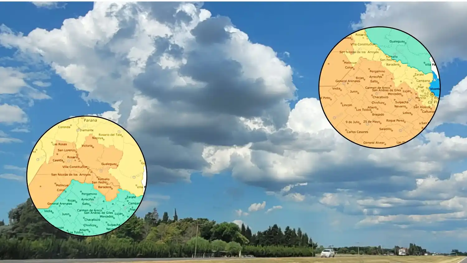 Los dos alertas vigentes del SMN: temperaturas extremas (abajo izquierda) y lluvias y tormentas (arriba derecha).