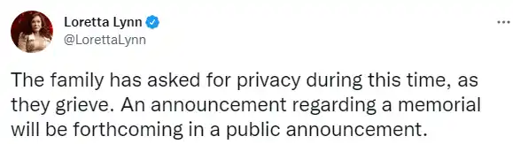 La declaración de la familia de Loretta Lynn en Twitter. 