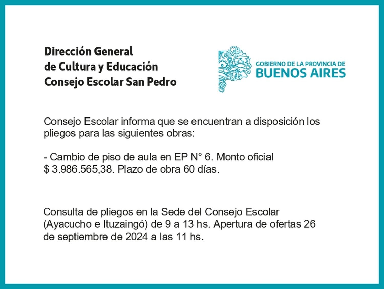 [Publicación Oficial] Consejo Escolar: Pliego para obra disponible