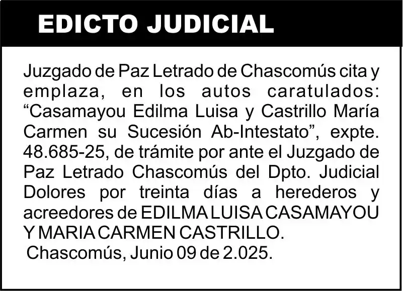 Casamayou Edilma Luisa y Castrillo María Carmen su Sucesión Ab-Intestato