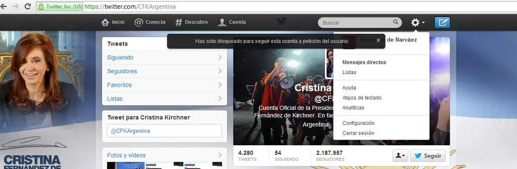 De Narváez denunció que Cristina lo bloqueó en Twitter