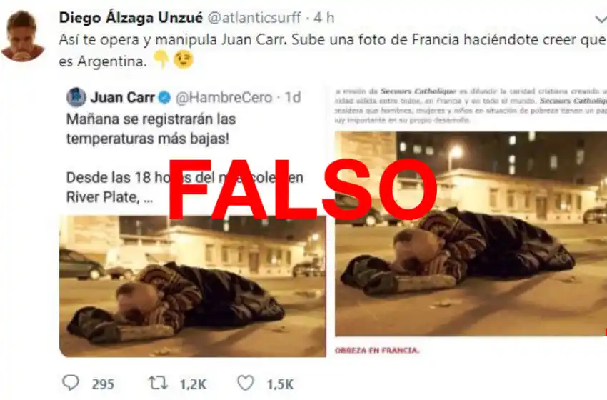 Es falso que Juan Carr mostró una foto de un indigente y afirmó que era en la Argentina