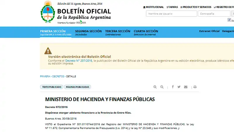Entre Ríos recibió un adelanto financiero de la Nación por $ 300 millones