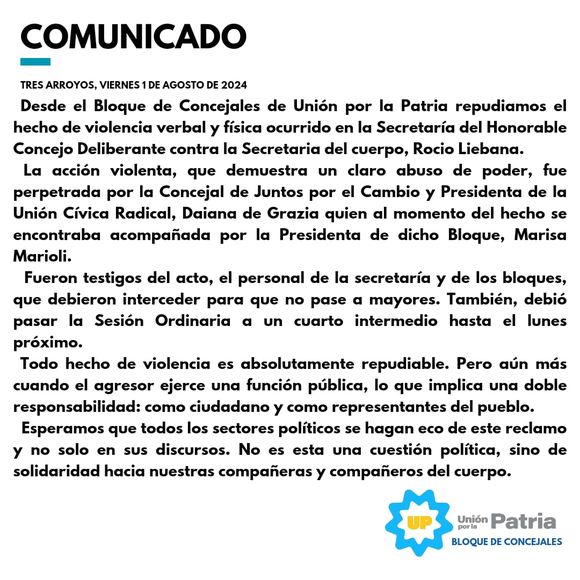 Comunicado de concejales de UxP en repudio a la  supuesta agresión física de De Grazia
