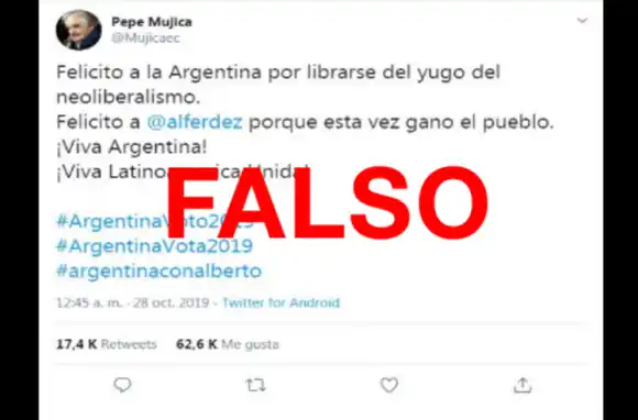 Es falso el tuit en el que el ex presidente uruguayo José Mujica felicitó a la Argentina y a Alberto Fernández por el triunfo del Frente de Todos