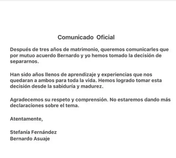 Con este comunicado, Stefanía Fernández confirmó que se divorciaba. Foto: Instagram