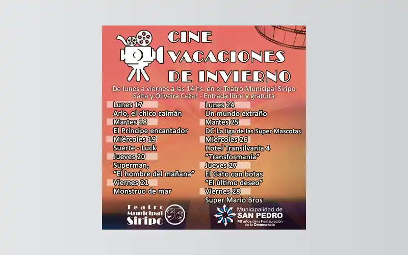 Cine de vacaciones en el Teatro Municipal Siripo