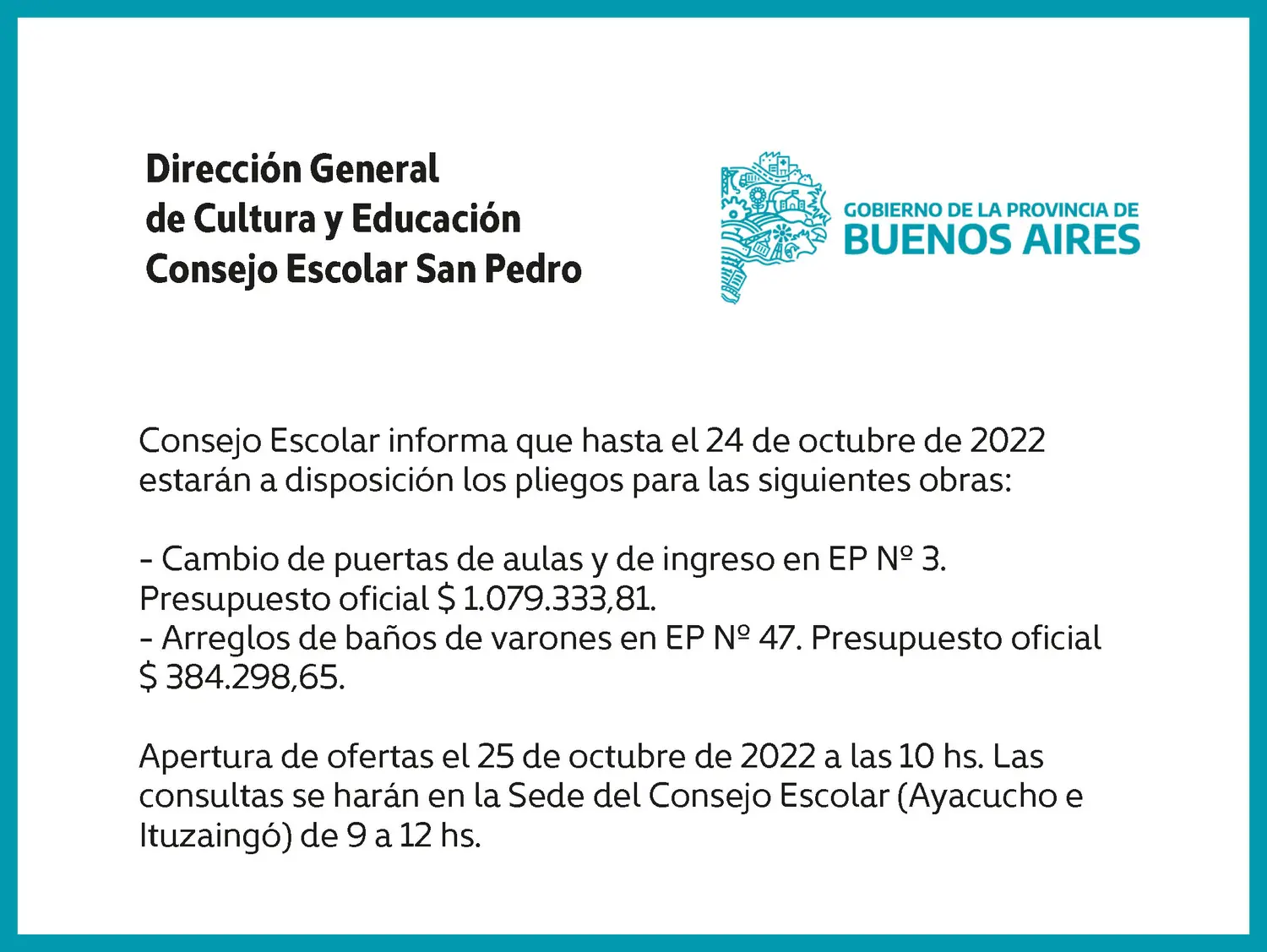 [Publicación Oficial] Consejo Escolar San Pedro: Pliegos para obras en EP N° 3 y EP N° 47