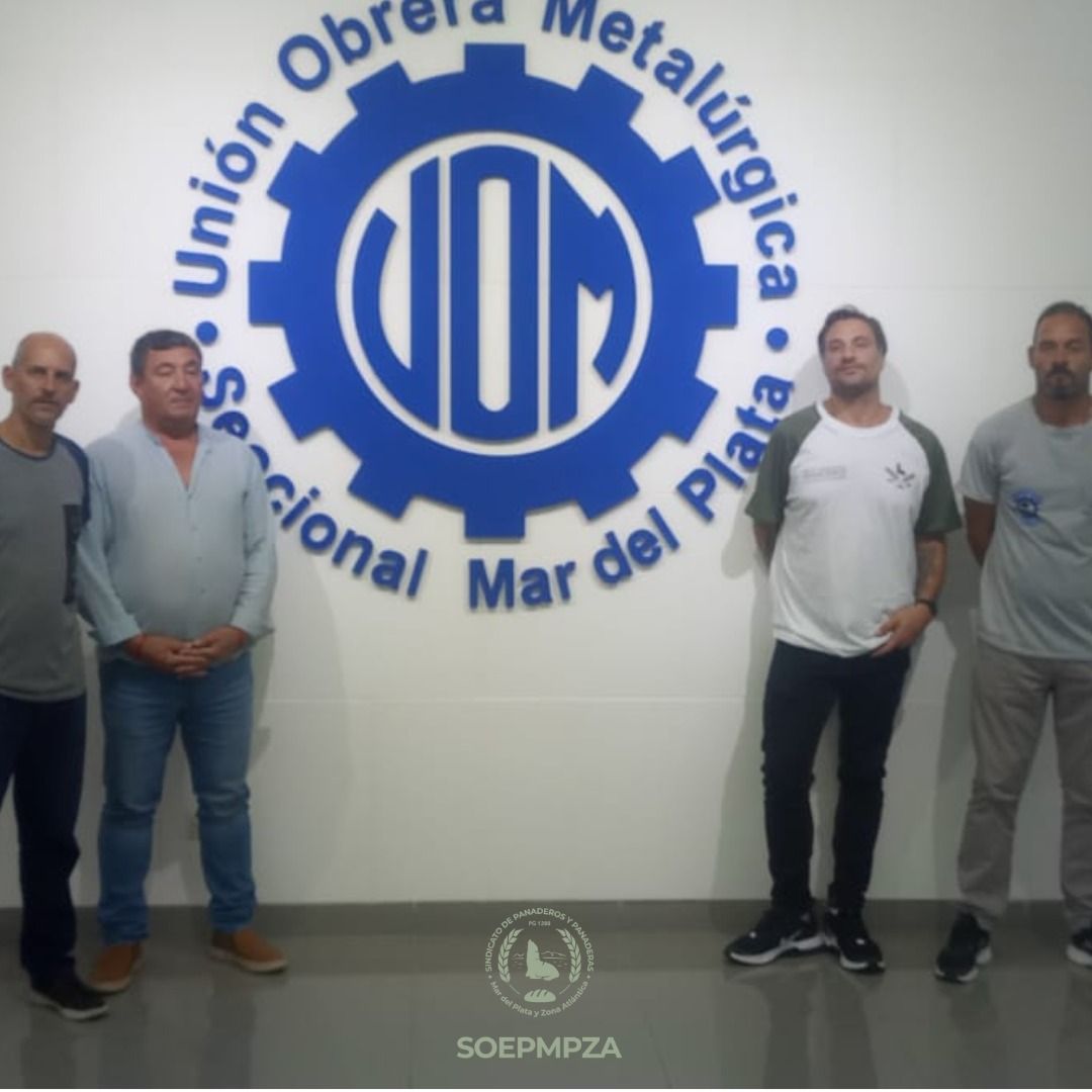 El secretario general de SOEPMPZA, Matías Adrián Coronel, se reunió con el secretario general de la UOM, José Luis Rocha, el secretario adjunto y el protesorero de la UOM Mar del Plata, Ariel Triolo y Sergio Rodríguez.