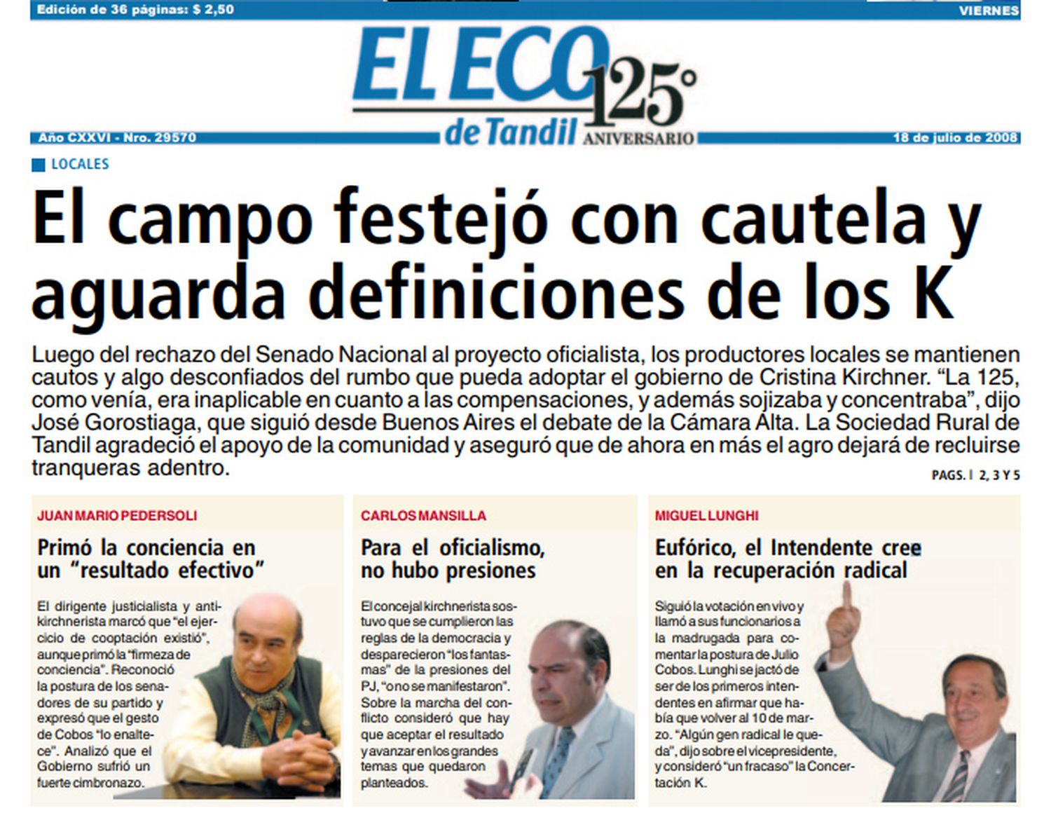 La tapa de El Eco de Tandil, el día después de la 125