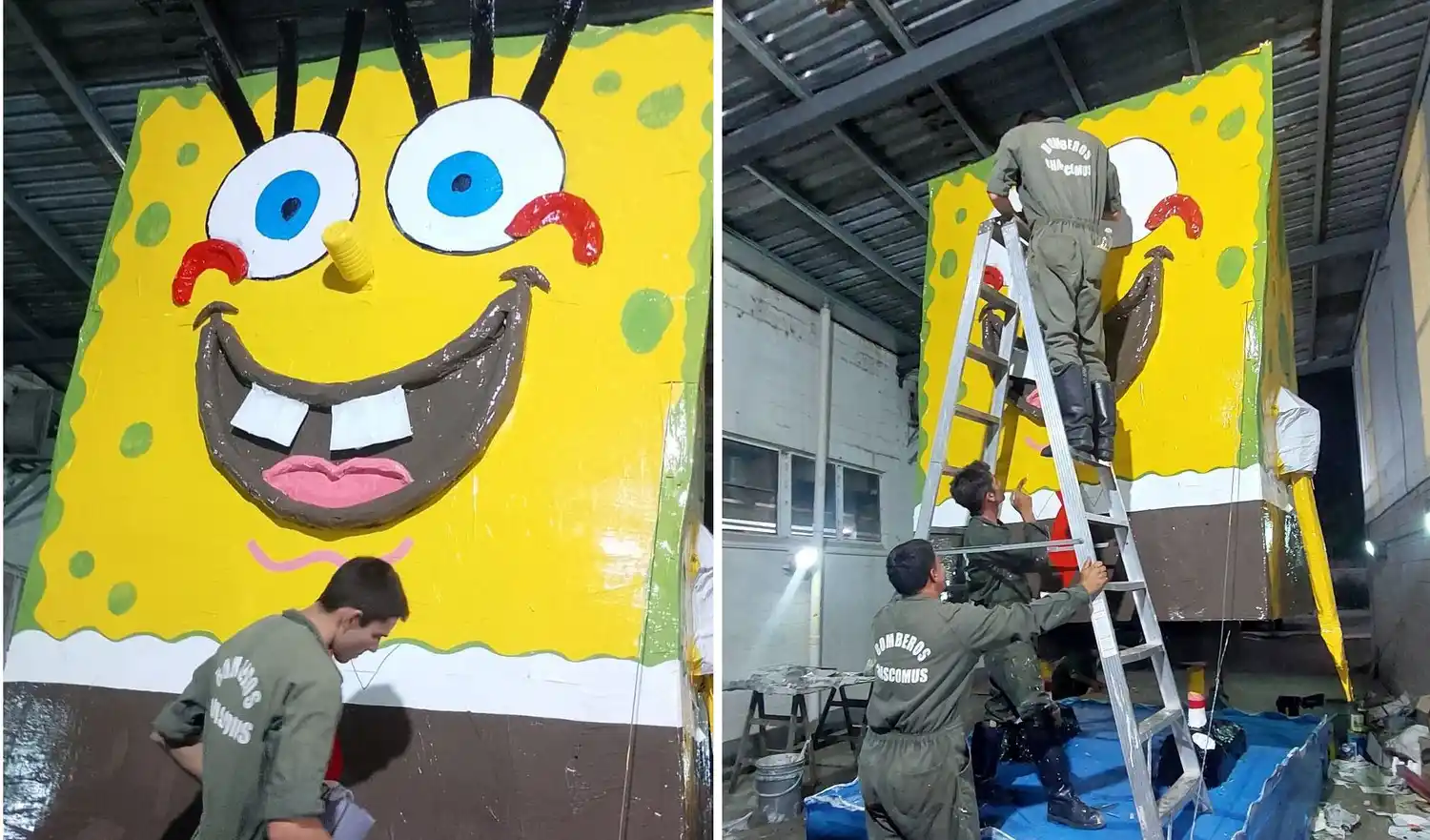 Bomberos Voluntarios de Chascomús exhiben un muñeco de Bob Esponja para despedir el año