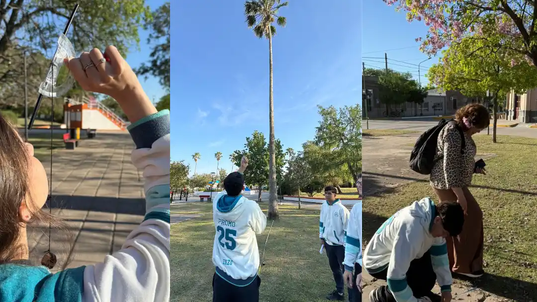 Cuando la matemática sale del aula: estudiantes midiendo árboles en la plaza del pueblo.