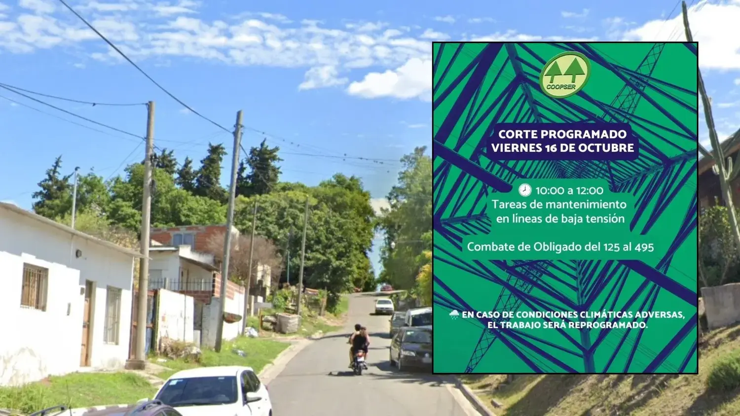 La Coopser informó sobre un corte programado de energía por tareas de mantenimiento en la calle Combate de Obligado.