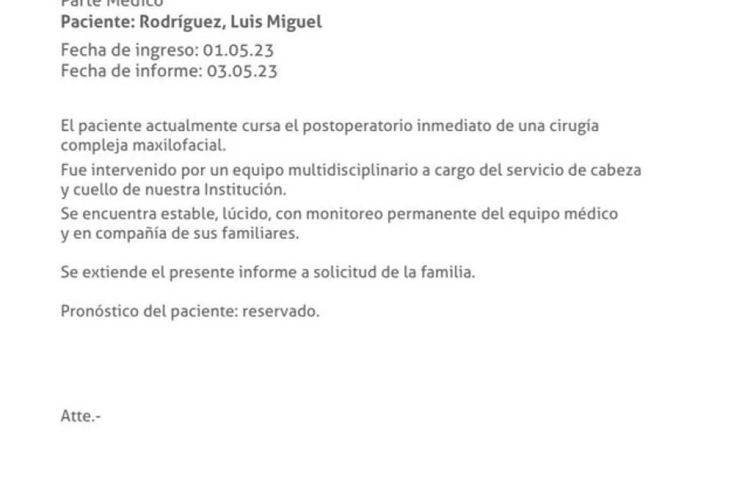 Parte médico (Twitter)