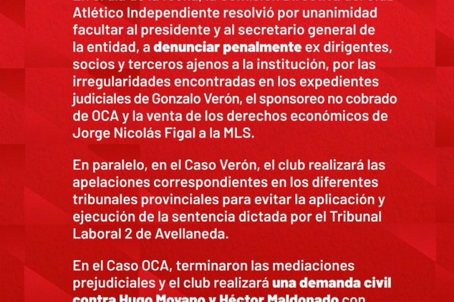 Cominicado de Independiente (Twitter Independiente)