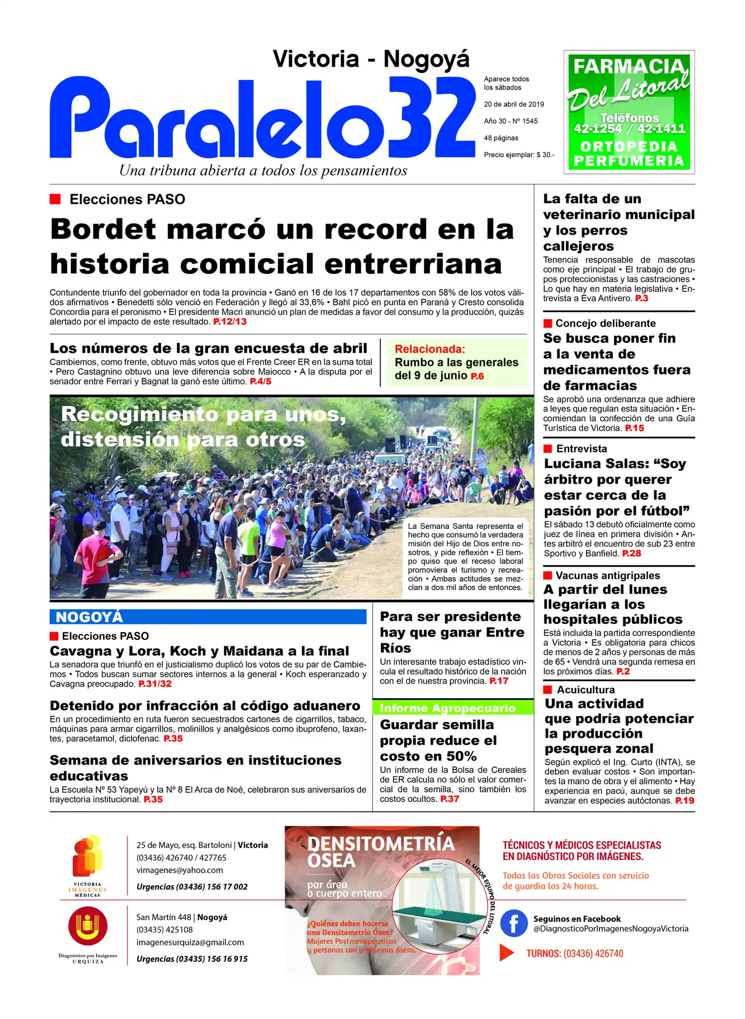 Tapa edición Victoria-Nogoyá Paralelo 32 sábado 20 de abril