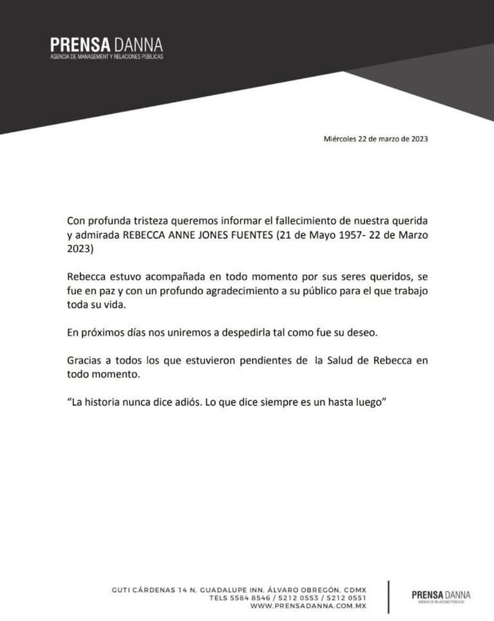 Su oficina confirmó el deceso de Rebecca Jones. Foto Twitter