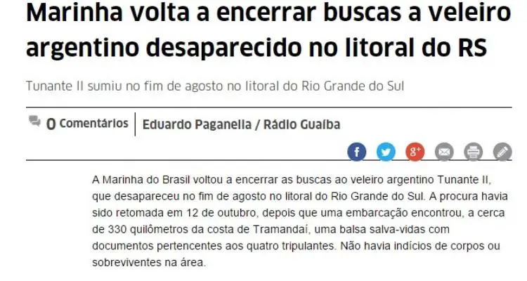 Tunante II: La Marina de Brasil comunicó que cesó la búsqueda del velero