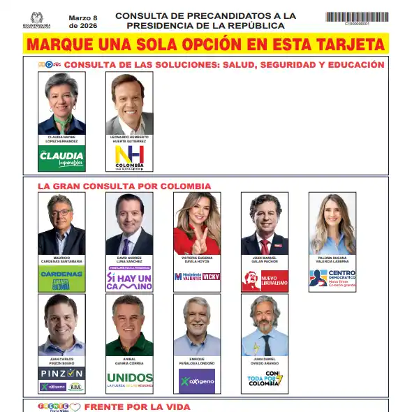 Así será la tarjeta electoral de la consulta presidencial del 8 de marzo en Colombia