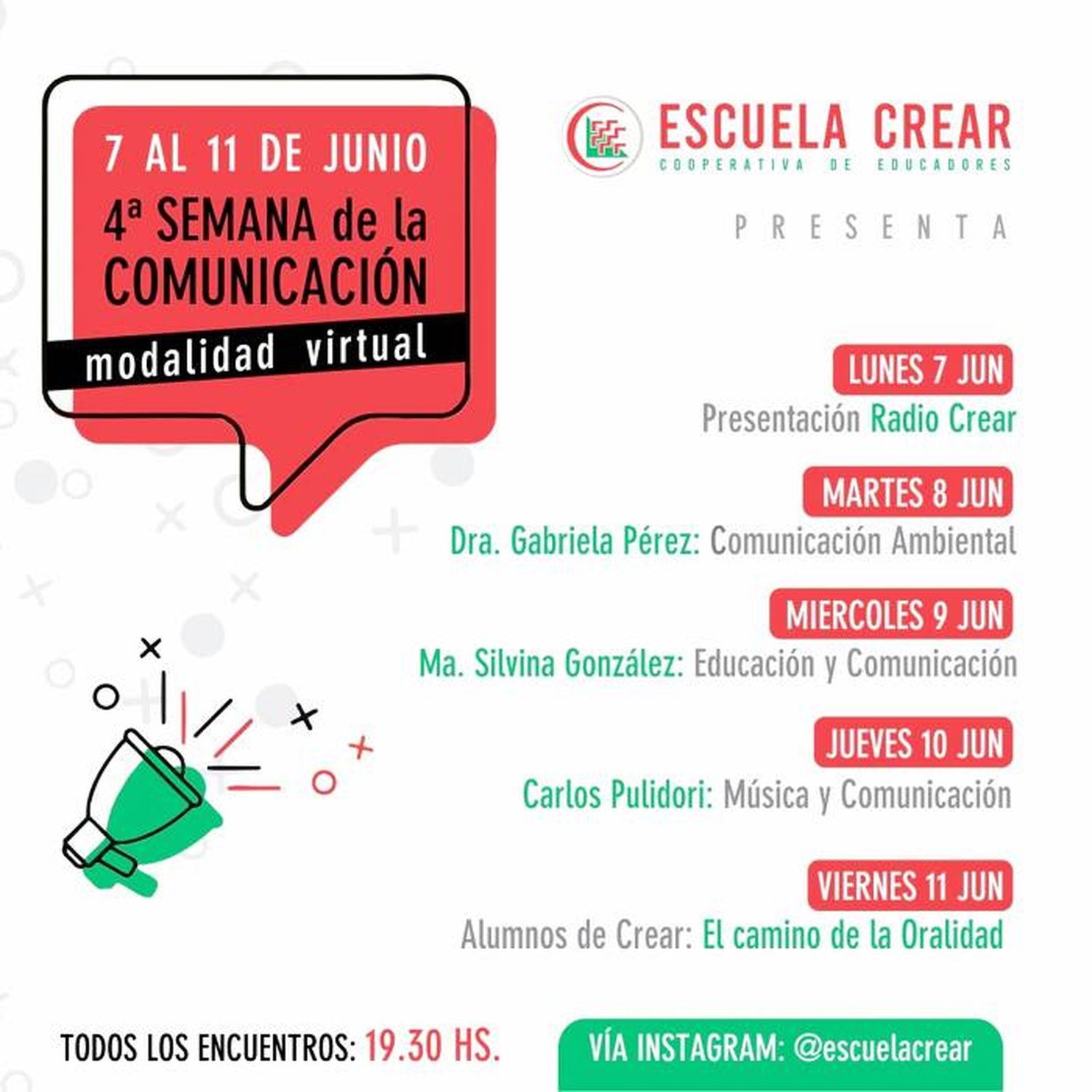 Vía Instagram, Escuela CREAR  presenta una nueva edición virtual de  su �SSemana de la Comunicación⬝ 