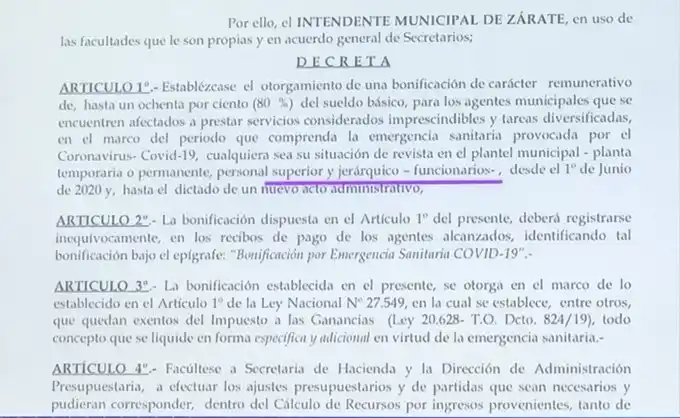 Polémica en Zárate: En plena pandemia, el Intendente dio aumento del 80% para funcionarios ¡y con retroactivo!