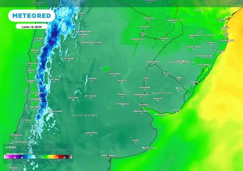 La semana laboral comenzará con temperaturas mínimas muy frías en casi todo el territorio nacional, con heladas afectando especialmente la zona central.