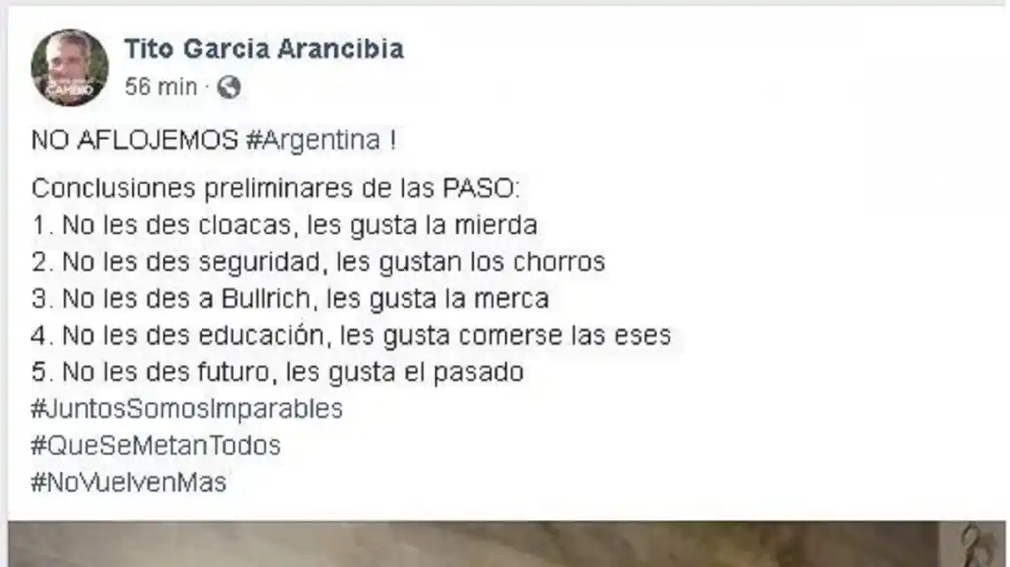 Renunció el funcionario macrista que dijo que a los votantes del Frente de Todos "le gusta la mierda y la merca"