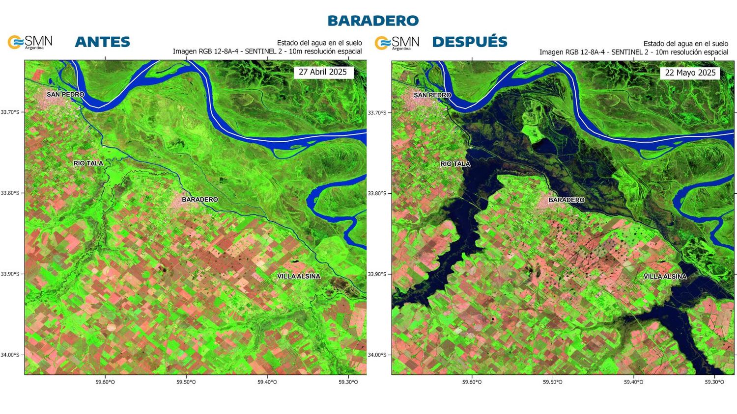 El Servicio Meteorológico Nacional publicó imágenes satelitales del bañado del río Arrecifes.