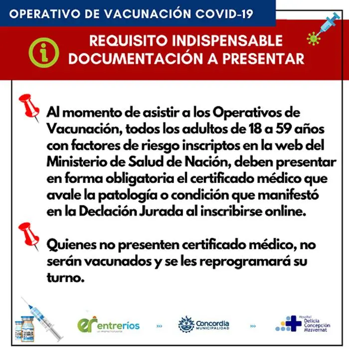 La presentación de certificado médico es obligatorio al asistir a los operativos de vacunación 