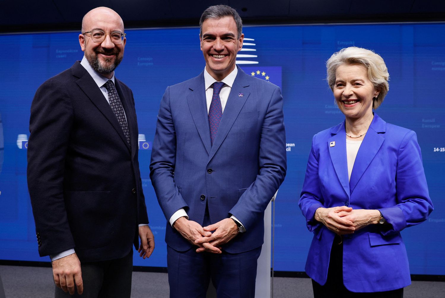 El presidente del Consejo Europeo, Charles Michel; el presidente de España, Pedro Sánchez; y la titular de la Comisión Europea, Ursula von der Leyen.