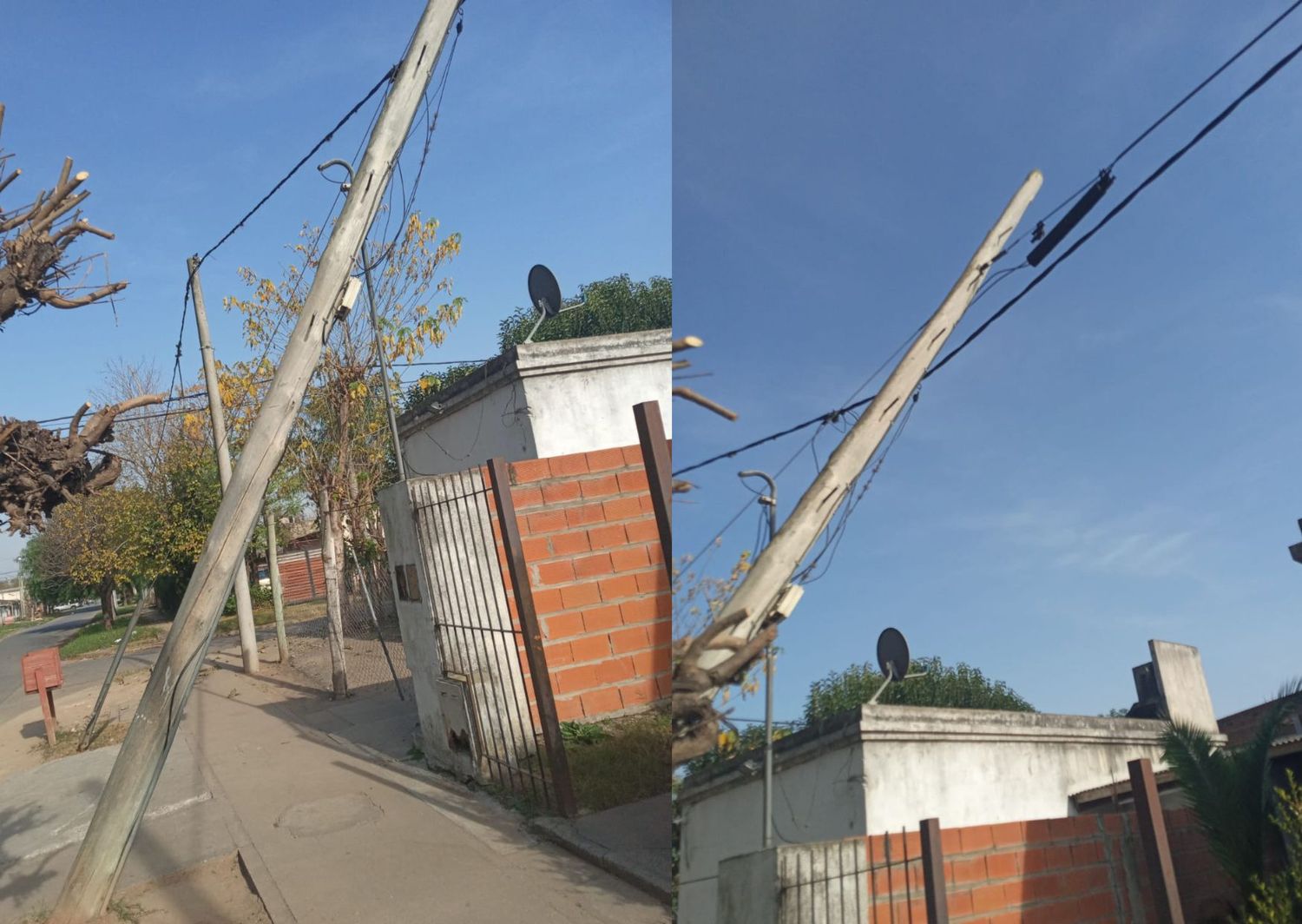De esta manera está el poste de luz a punto de caer sobre el techo. Foto: La Opinión.