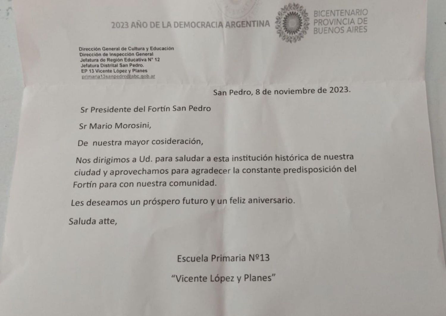 La escuela 13 agradece a El Fortín por su constante predisposición 