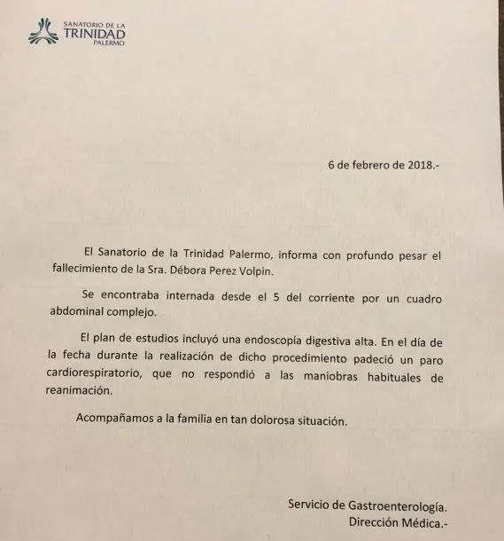 Parte médico del Sanatorio de la Trinidad por la muerte de Pérez Volpin