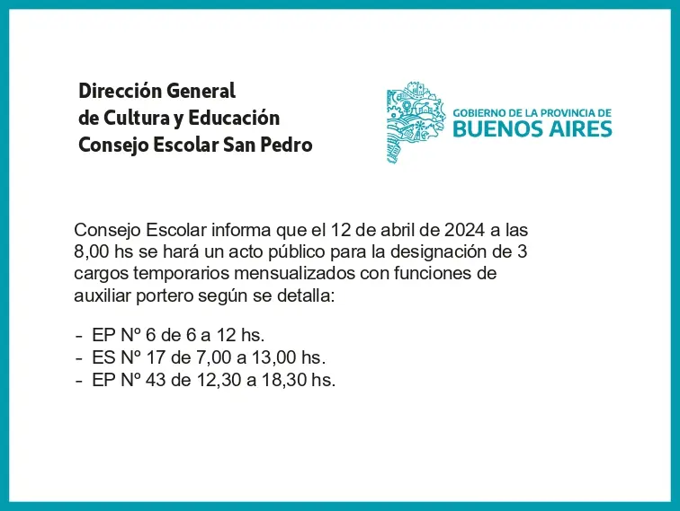 [Publicación Oficial] Consejo Escolar San Pedro: Designación de cargos temporarios