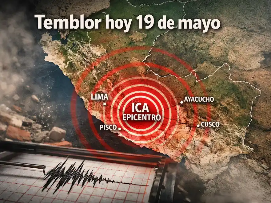 La imagen muestra un mapa de Perú con el epicentro de un sismo en Ica el 19 de mayo, representado con círculos rojos y datos de un sismógrafo. (Imagen Ilustrativa Infobae)