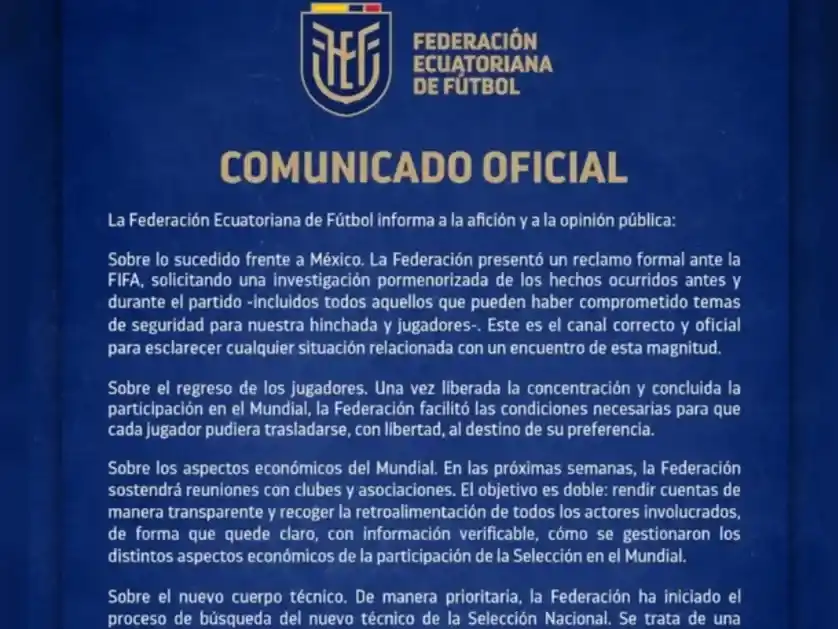 comunicado de la Federación Ecuatoriana de Fútbol.