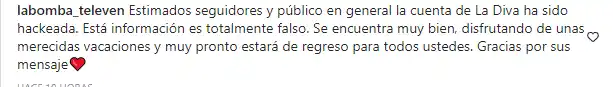 La cuenta de La Bomba fue de las primeras en anunciar el hackeo de la cuenta de la Chiky Lorens. Foto Instagram