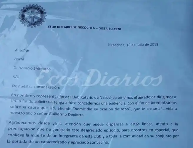 El Club Rotario de Necochea pidió una audiencia al fiscal Sirimarco por el homicidio de Depierro