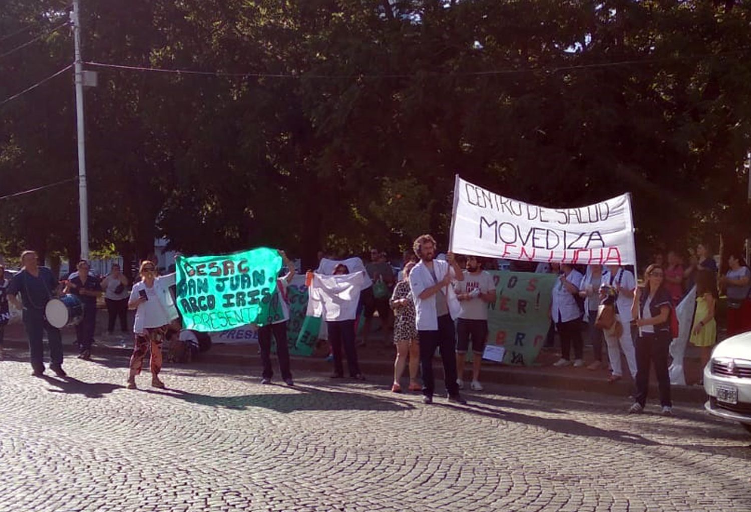 Los trabajadores de la salud, levantando sus carteles y banderas.