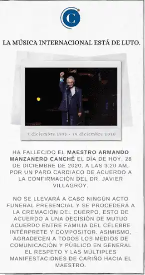 El comunicado de la familia de Manzanero. Foto: Twitter